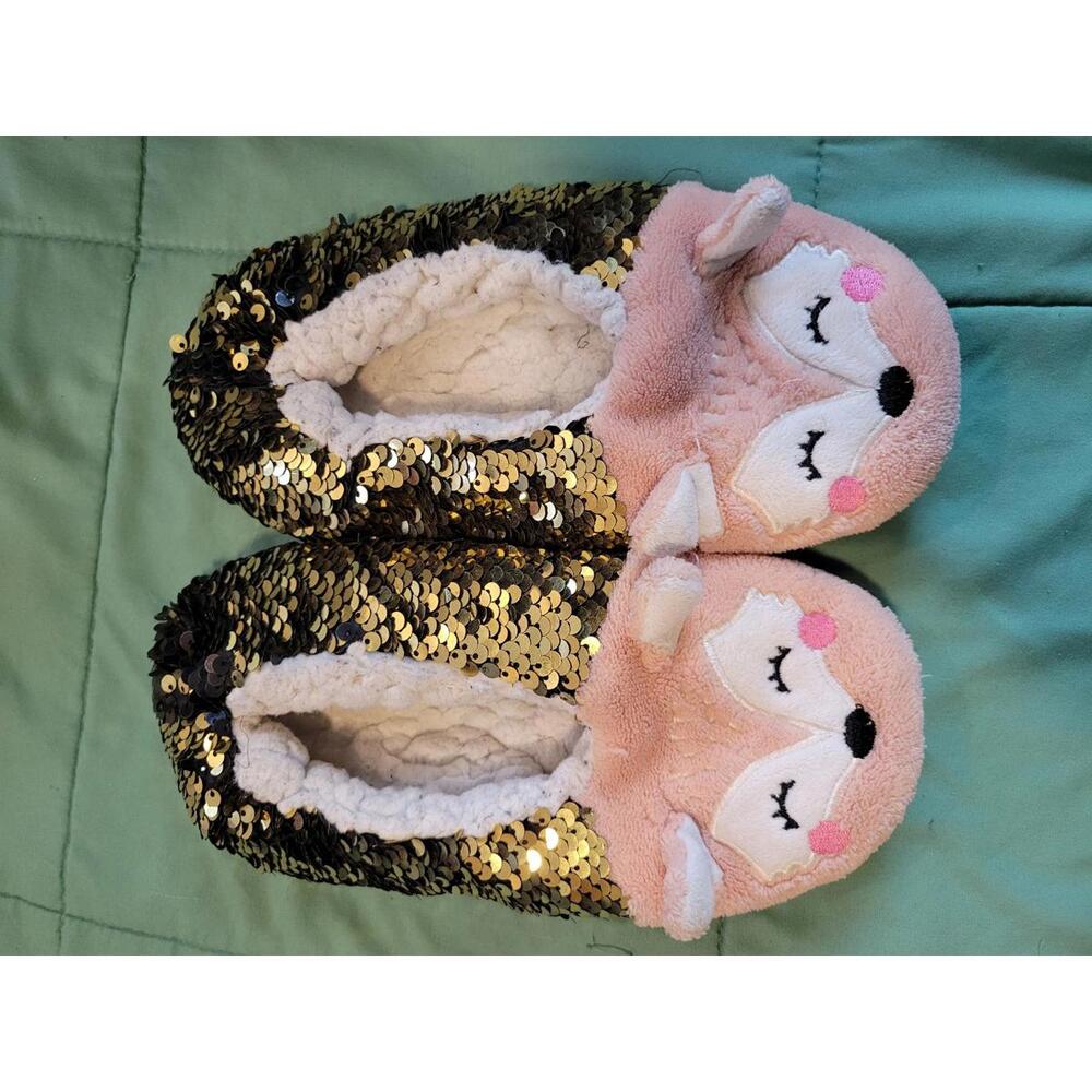 Cozy Pink Animal Face Slippers with Gold Sequins